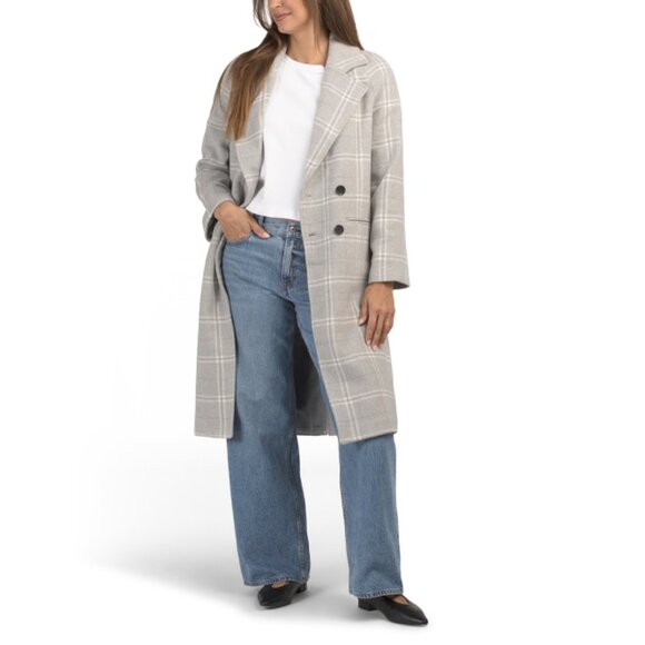 AVEC LES FILLES Light Grey Mix Wool Blend Plaid Relaxed Double Face Walker Coat - Picture 1 of 2